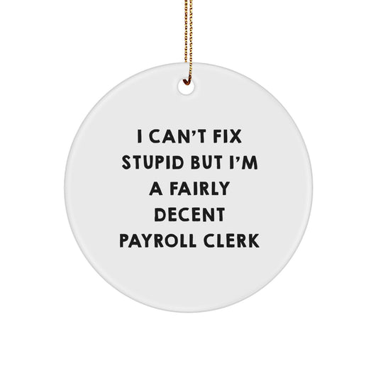 Funny Payroll Clerk Gifts for Men, I Can't Fix Stupid But I'm A Fairly Decent Payroll Clerk Circle Ornament, White, Christmas Unique Presents from Family - Image 1