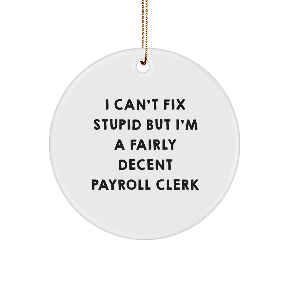 Funny Payroll Clerk Gifts for Men, I Can't Fix Stupid But I'm A Fairly Decent Payroll Clerk Circle Ornament, White, Christmas Unique Presents from Family - Image 1