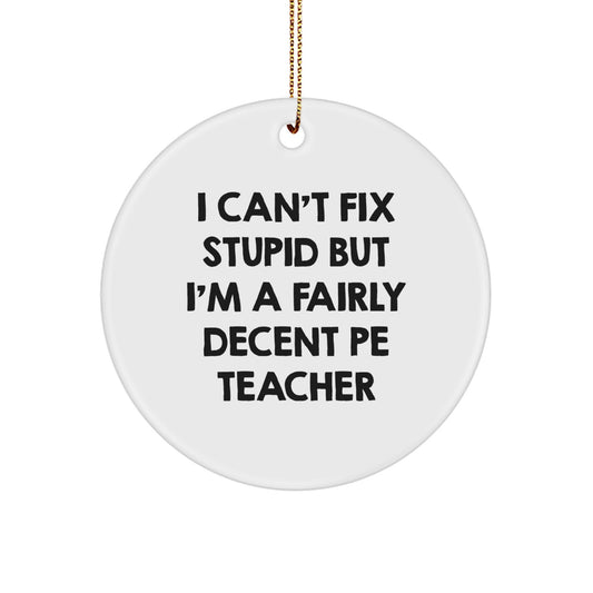 Funny PE Teacher Gifts from Friends - I Can't Fix Stupid But I'm A Fairly Decent PE Teacher Circle Ornament for Christmas - Image 1