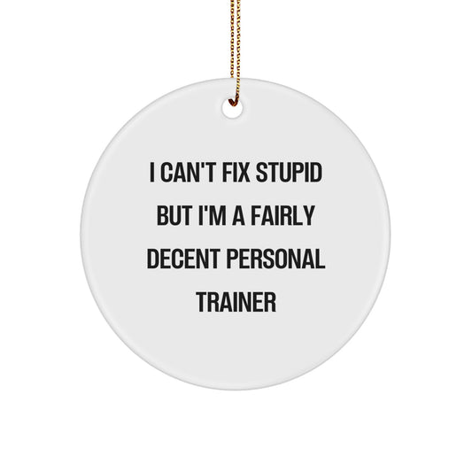 Personal Trainer Gifts from Friends - Funny Circle Ornament for Christmas - 'I Can't Fix Stupid But I'm A Fairly Decent Personal Trainer' Quote - Image 1