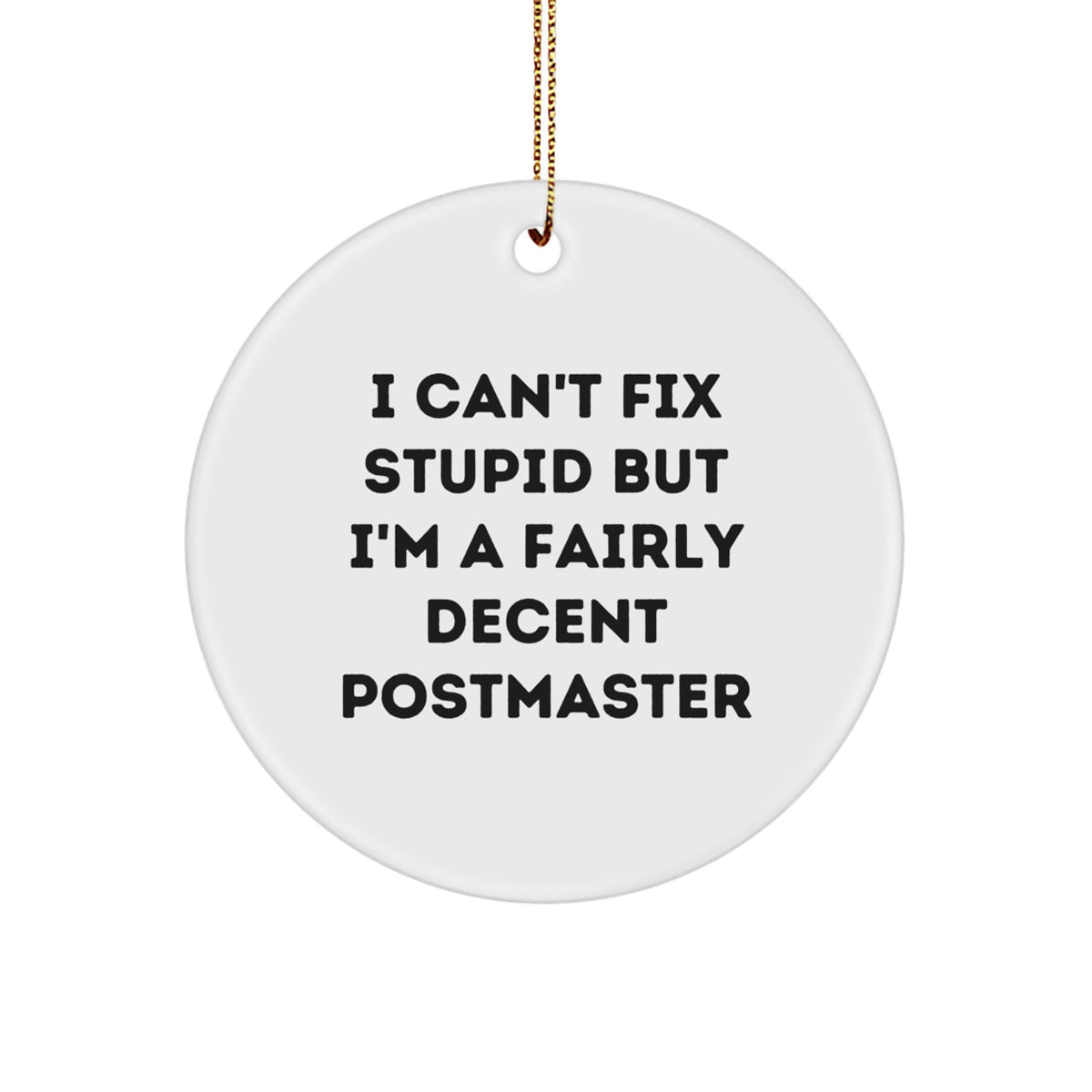 Funny Postmaster Gifts for Christmas - 'I Can't Fix Stupid But I'm A Fairly Decent Postmaster' Circle Ornament for Men, Women, or Friends - Image 1