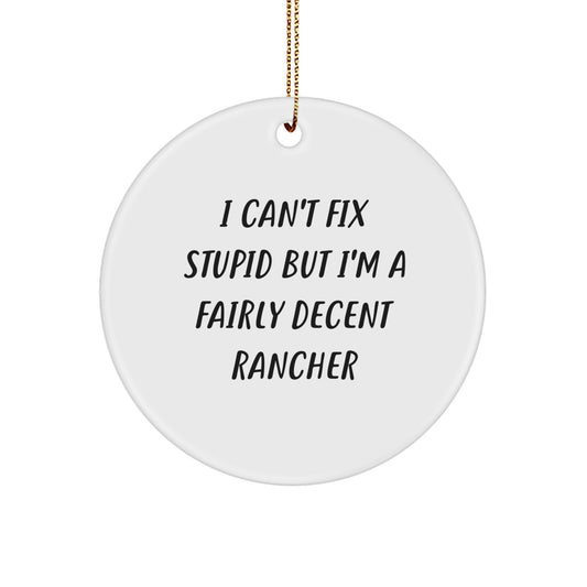 Funny Rancher Gifts for Men, Circle Ornament from Friends, I Can't Fix Stupid But I'm A Fairly Decent Rancher Christmas Unique Gifts - Image 1