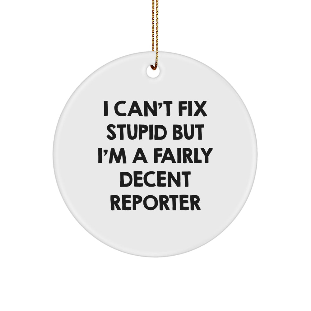 Reporter Gifts from Friends - Funny Circle Ornament, 'I Can't Fix Stupid But I'm A Fairly Decent Reporter' Quote, Christmas Unique Gifts for Reporter - Image 1