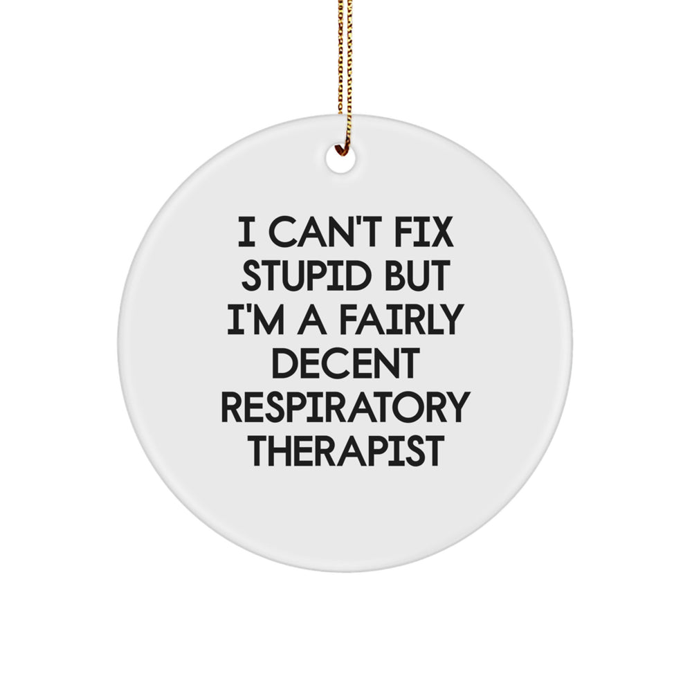 Funny Respiratory Therapist Gifts from Friends for Christmas Unique Circle Ornament, Inspirational, I 'Can't Fix Stupid But I'm A Fairly Decent Respiratory Therapist' Decoration - Image 1