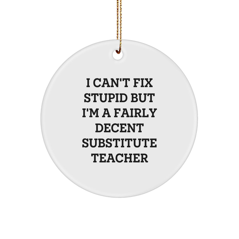 Funny Substitute Teacher Gifts from Friends to Men, White Circle Ornament with 'I Can't Fix Stupid But I'm A Fairly Decent Substitute Teacher' Quote for Christmas - Image 1