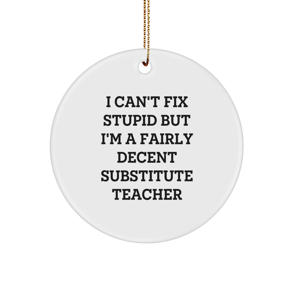 Funny Substitute Teacher Gifts from Friends to Men, White Circle Ornament with 'I Can't Fix Stupid But I'm A Fairly Decent Substitute Teacher' Quote for Christmas - Image 1