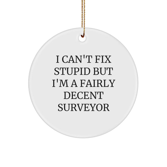 Funny Surveyor Gifts for Men - I Can't Fix Stupid But I'm A Fairly Decent Surveyor Circle Ornament, White, 2.75" x 1/8" x 0.5 oz, Christmas Memorable Presents for Surveyor Friends and Family - Image 1