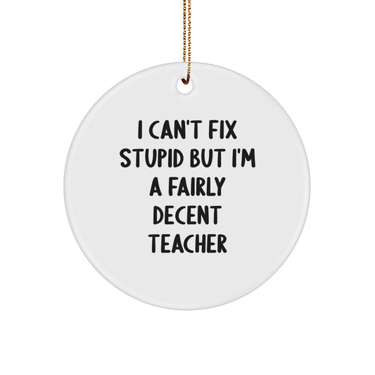 Funny Teacher Gifts from Friends, Gifts for Teachers, I Can't Fix Stupid But I'm A Fairly Decent Teacher Circle Ornament, White, Christmas Unique - Image 1