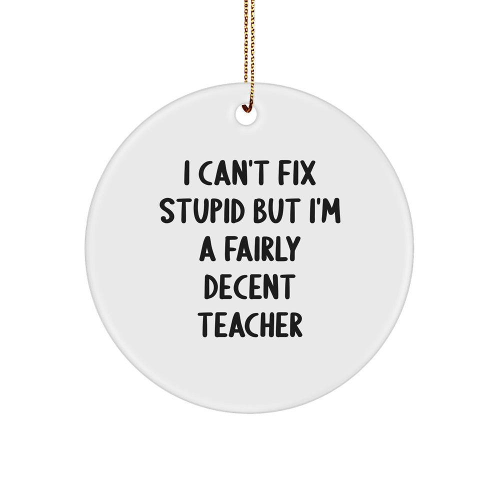 Funny Teacher Gifts from Friends, Gifts for Teachers, I Can't Fix Stupid But I'm A Fairly Decent Teacher Circle Ornament, White, Christmas Unique - Image 1