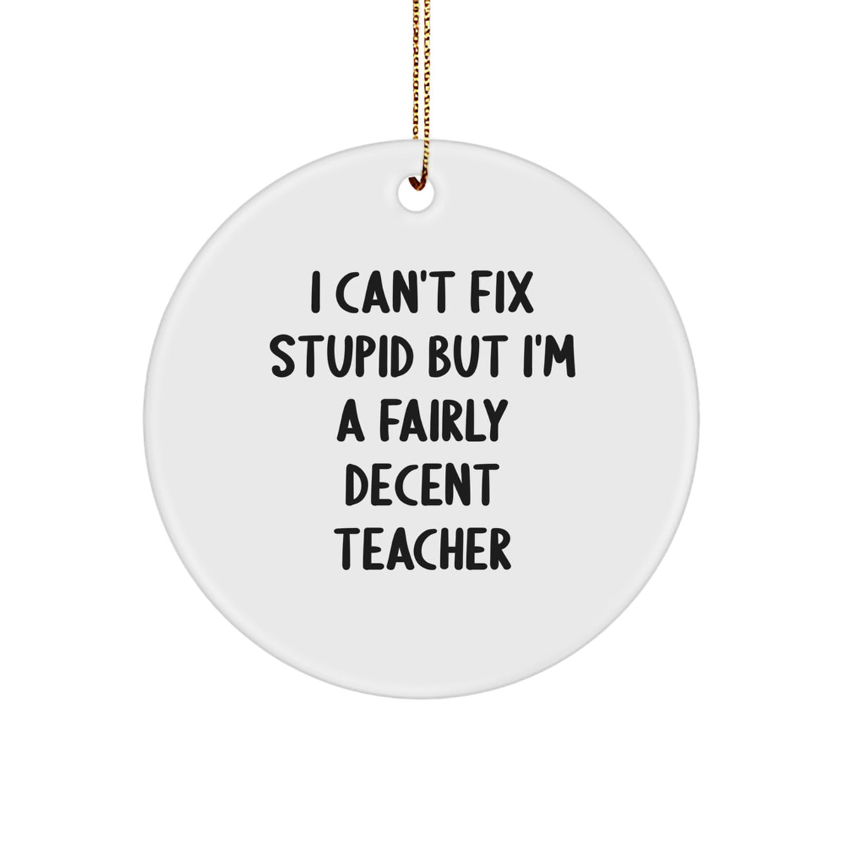 Funny Teacher Gifts from Friends, Gifts for Teachers, I Can't Fix Stupid But I'm A Fairly Decent Teacher Circle Ornament, White, Christmas Unique - Image 1