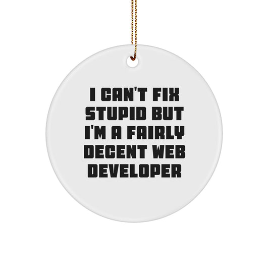 Funny Web Developer Gifts from Friends for Christmas Circle Ornament - 'I Can't Fix Stupid But I'm A Fairly Decent Web Developer' - Image 1