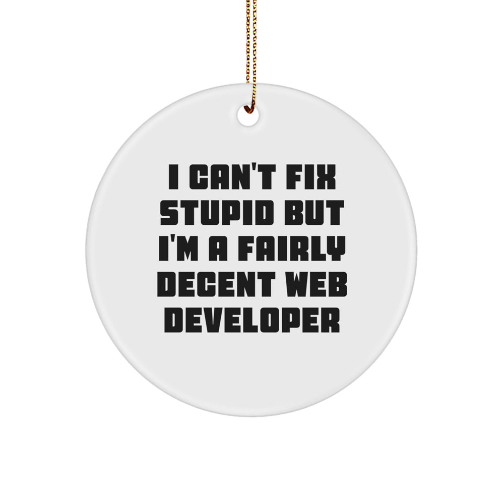 Funny Web Developer Gifts from Friends for Christmas Circle Ornament - 'I Can't Fix Stupid But I'm A Fairly Decent Web Developer' - Image 1