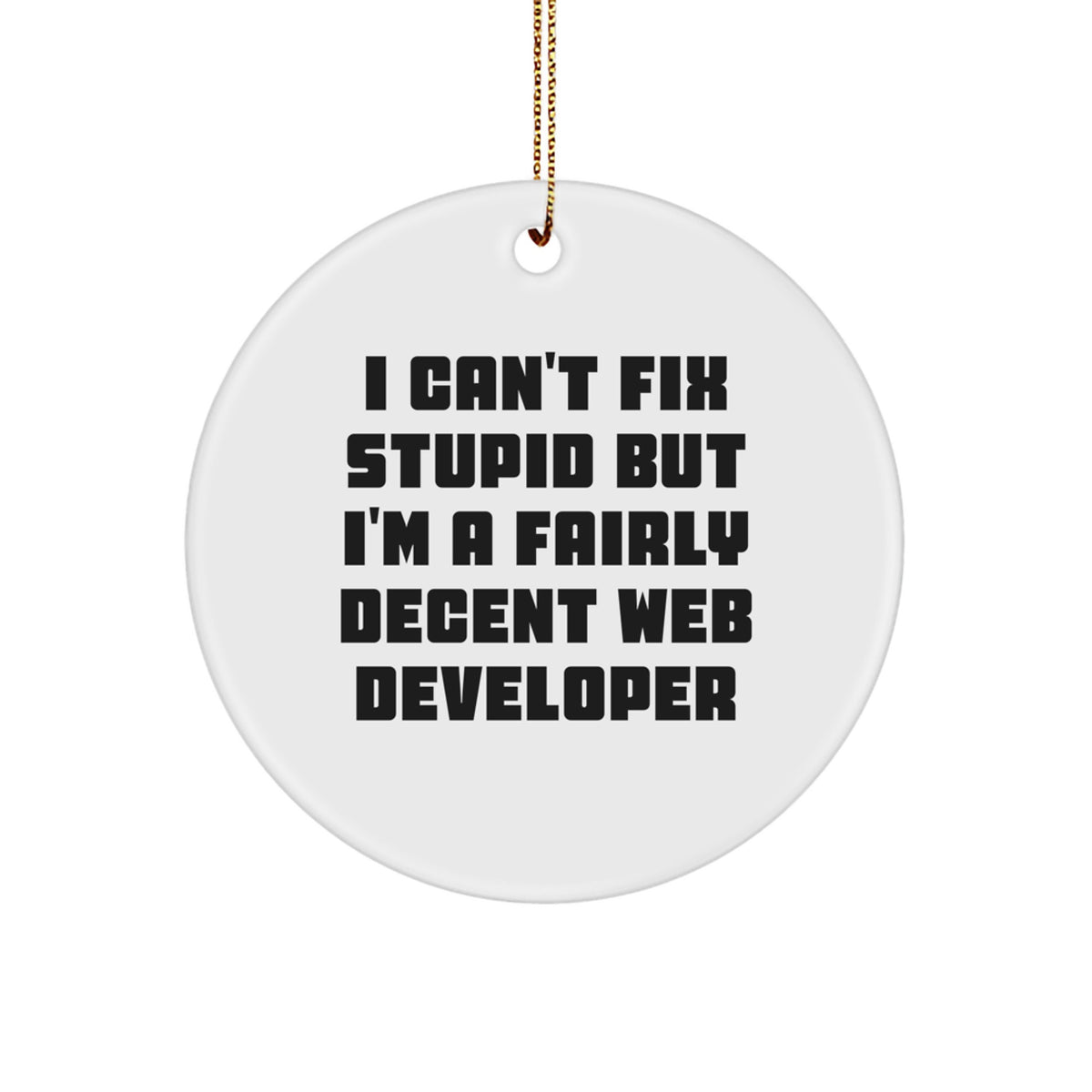 Funny Web Developer Gifts from Friends for Christmas Circle Ornament - 'I Can't Fix Stupid But I'm A Fairly Decent Web Developer' - Image 1