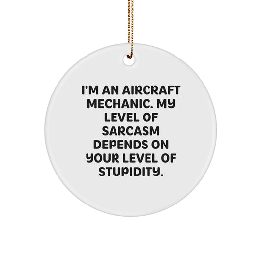 Funny Aircraft Mechanic Gifts from Friends for Men, 'I'm An Aircraft Mechanic. My Level Of Sarcasm Depends On Your Level Of Stupidity.' Christmas Ornament Circle - Image 1