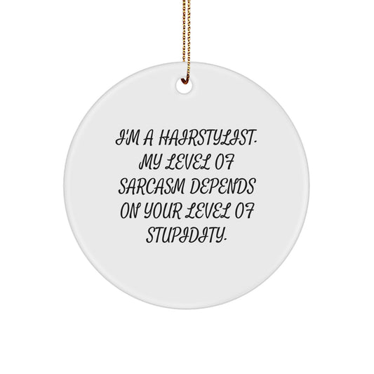 Gifts from Friends, Family, or Men for Hairstylist, Funny Circle Ornament, Christmas Unique Decorations, 'I'm A Hairstylist. My Level Of Sarcasm Depends On Your Level Of Stupidity.' - Image 1