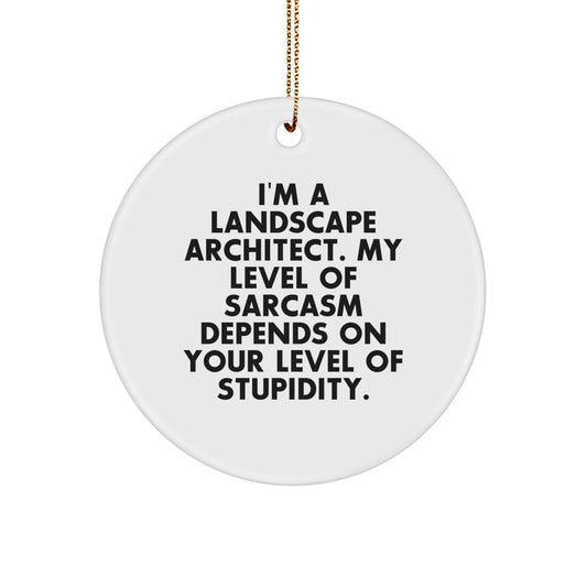 Funny Landscape Architect Gifts from Friends for Christmas - Circle Ornament Quote - 'I'm A Landscape Architect. My Level Of Sarcasm Depends On Your Level Of Stupidity.' - Image 1
