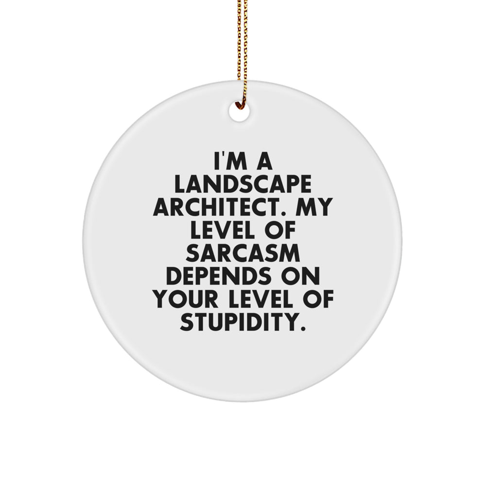 Funny Landscape Architect Gifts from Friends for Christmas - Circle Ornament Quote - 'I'm A Landscape Architect. My Level Of Sarcasm Depends On Your Level Of Stupidity.' - Image 1