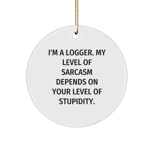 Funny Logger Gifts for Men, 'I'm A Logger. My Level Of Sarcasm Depends On Your Level Of Stupidity.' Christmas Unique Ornaments for Loggers - Image 1