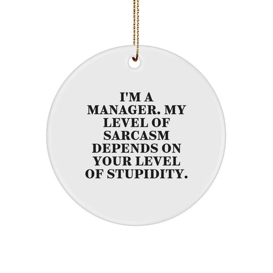 Funny Manager Gifts from Friends for Christmas Unique Circle Ornament, 'I'm A Manager. My Level Of Sarcasm Depends On Your Level Of Stupidity.' - Image 1