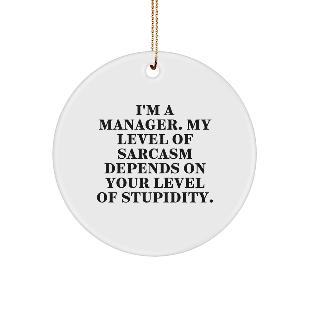Funny Manager Gifts from Friends for Christmas Unique Circle Ornament, 'I'm A Manager. My Level Of Sarcasm Depends On Your Level Of Stupidity.' - Image 1