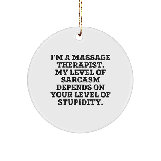 Funny Sarcasm Gifts from Massage Therapist, Unique Christmas Circle Ornament for Massage Therapist, I'm a Massage Therapist, My Level of Sarcasm Depends on Your Level of Stupidity - Image 1