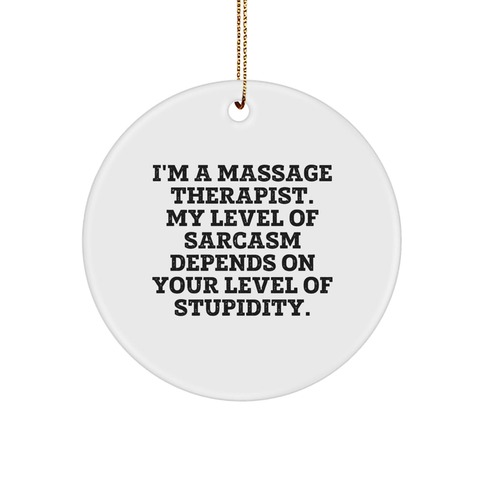 Funny Sarcasm Gifts from Massage Therapist, Unique Christmas Circle Ornament for Massage Therapist, I'm a Massage Therapist, My Level of Sarcasm Depends on Your Level of Stupidity - Image 1