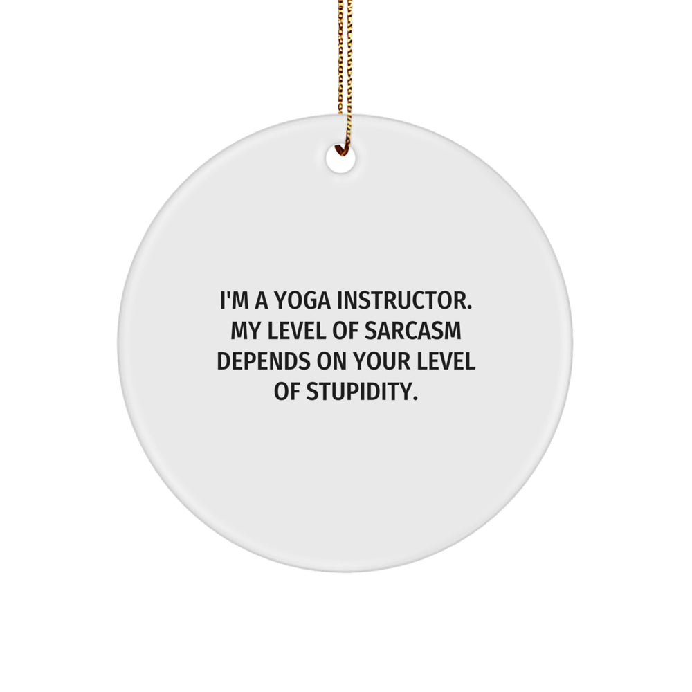Funny Yoga Instructor Gifts from Friends for Christmas Unique Circle Ornament with I'm A Yoga Instructor - My Level Of Sarcasm Depends On Your Level Of Stupidity Quote, Circle Shaped, White Color - Image 1