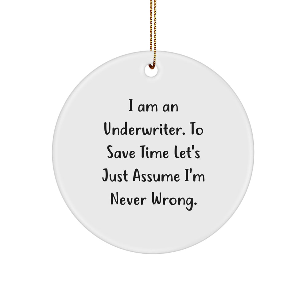 Funny Underwriter Gifts from Men for Friends - Christmas Circle Ornament with I'm Never Wrong Quote - Image 1