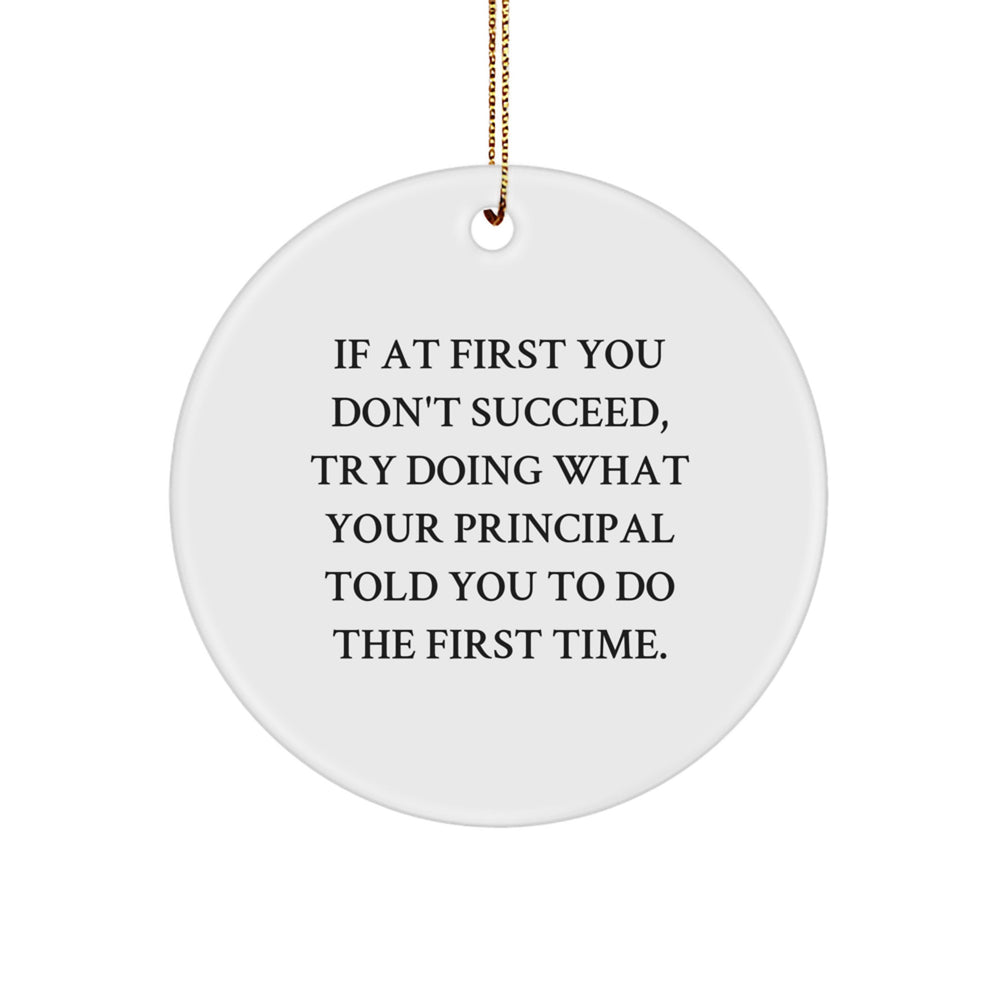 Funny Principal Christmas Unique Gifts from Friends for Men, Circle Ornament with Inspirational Quote, 2.75" Tall, 0.5 oz, MDF, White, Circle Shaped, Sublimation Printed - Image 1