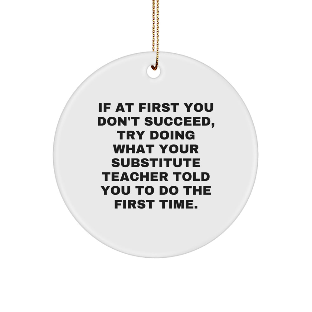 Funny Substitute Teacher Quotes Circle Ornament, Gifts for Men, Women, and Friends from the Substitute Teacher, If At First You Don't Succeed, Try Doing What - Image 1