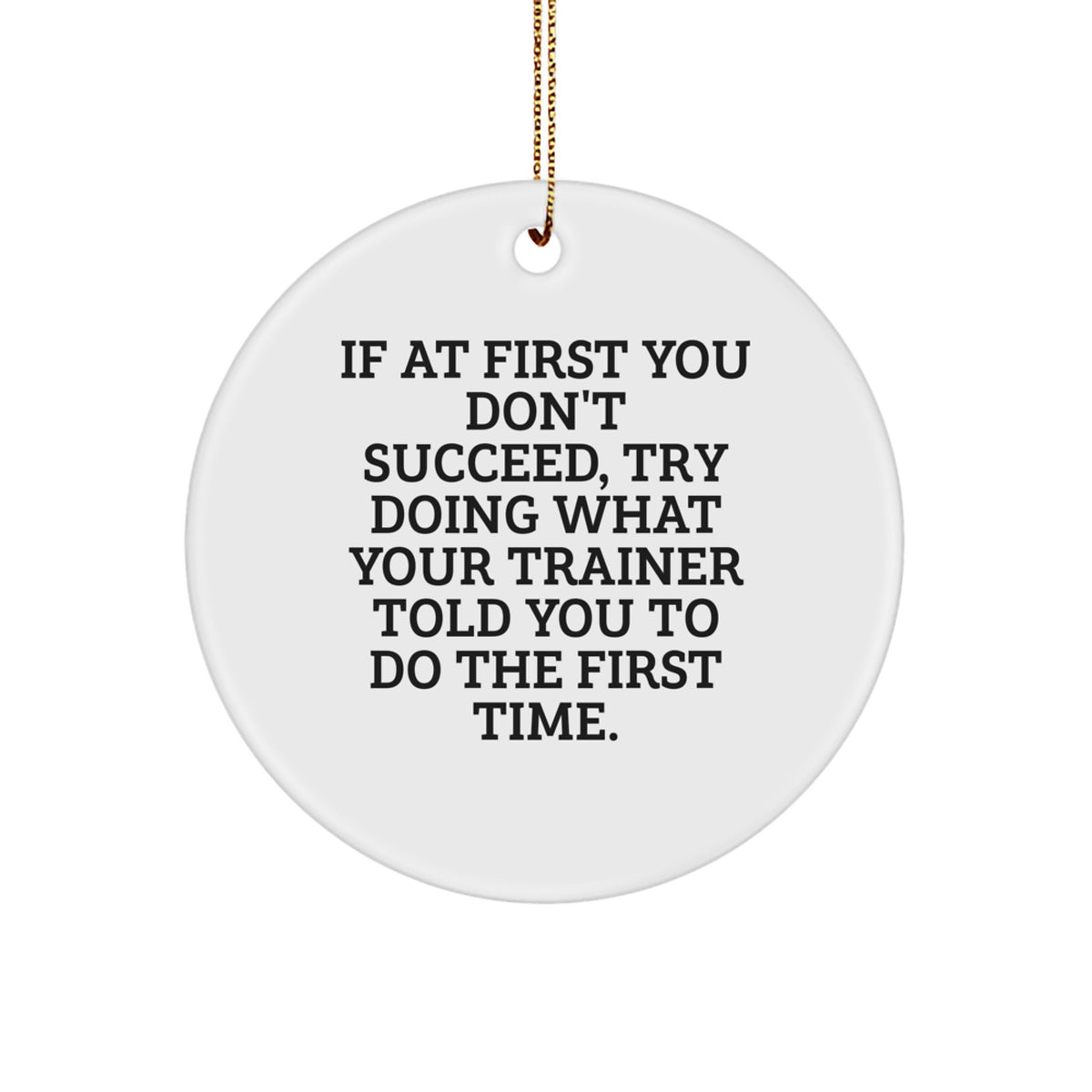 Funny Trainer Gifts from Men for Women Christmas Unique Circle Ornament, If 'At First You Don't Succeed, Try Doing What Your Trainer Told You To Do The First Time.' - Image 1