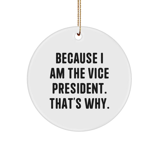 Funny Vice President Christmas Unique Gifts for Men from Friends, Circle Ornament with 'Because I Am The Vice President. That's Why.' Quote - Image 1