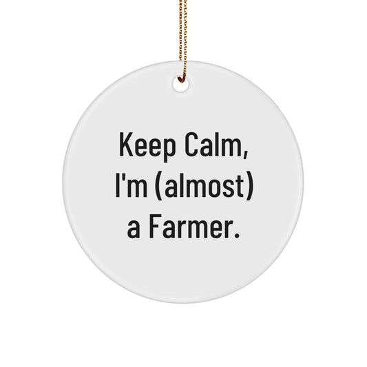 Funny Farmer Gifts from Men - Keep Calm I'm (almost) A Farmer. Christmas Unique Circle Ornament for Farmer Friends - Image 1