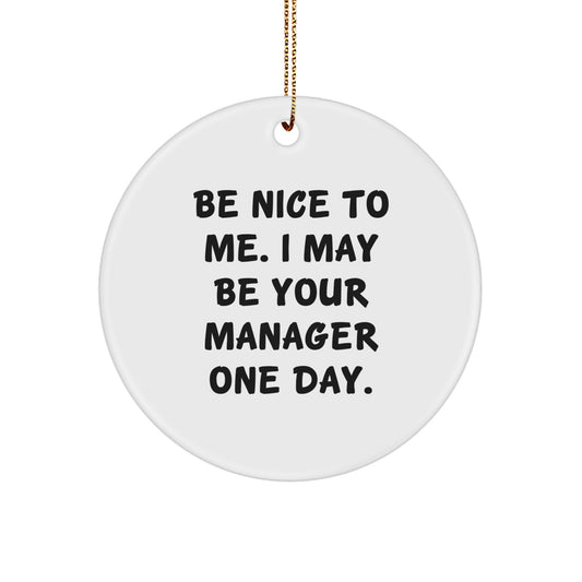 Funny Manager Gifts from Friends and Family - Christmas Unique Circle Ornament with 'Be Nice To Me. I May Be Your Manager One Day.' Quote, Perfect Office Decor - Image 1