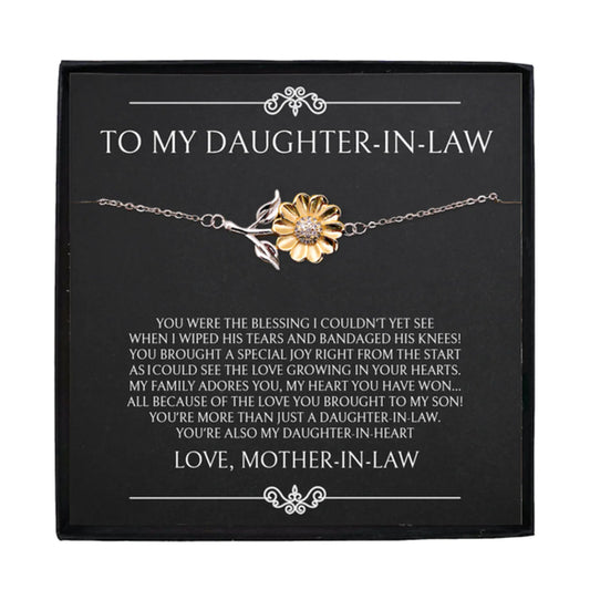 Daughter in law Gifts From Mother in law, 925 Sterling Silver Bracelet with 14k Gold Sunflower Charm and Message Card, Future Daughter in Law Birthday Wedding Gifts