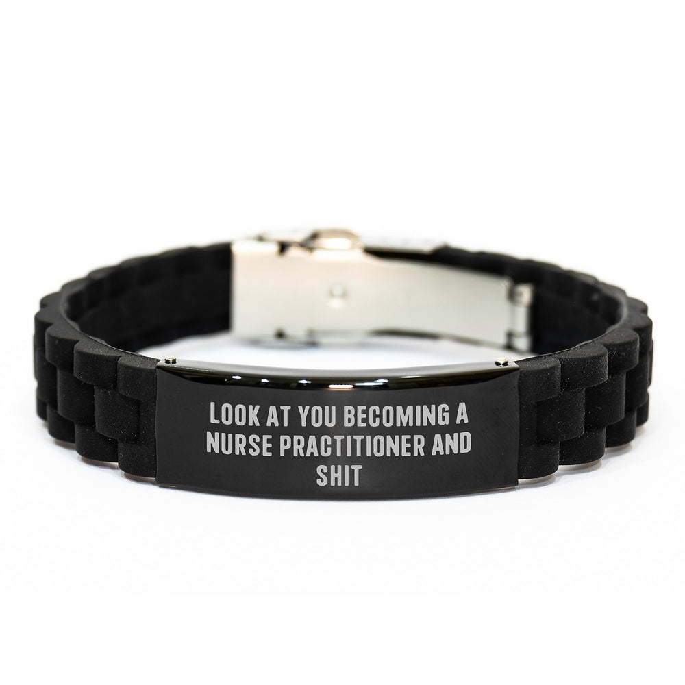 Funny Nurse Practitioner Gifts from Friends - Glide lock Clasp Black Stainless Steel Silicone Adjustable Graduation Unique Gifts for Him/Her - Image 1