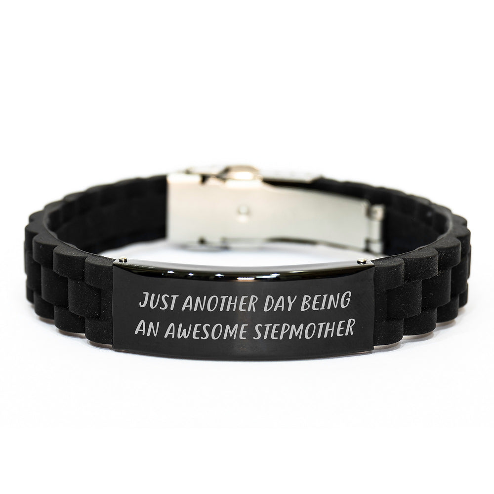 Funny Stepmother Gifts from Friends to Awesome Stepmothers Just Another Day Being An Awesome Stepmother Glide lock Clasp Black Stainless Steel Silicone Adjustable Graduation Unique Gifts - Image 1