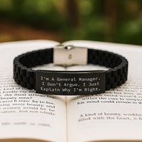 Load image into Gallery viewer, General Manager Gifts from Friends, Funny Quote Inspirational Jewelry, Adjustable Glide lock Clasp Black Stainless Steel Silicone Graduation Unique Gifts for Him - Image 2
