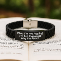 Load image into Gallery viewer, Pilot Humor Gifts from Friends Perfect for Men's Graduation, 'I'm Not Arguing...' Glide lock Clasp Black Stainless Steel Silicone Adjustable Bracelet, Gifts for Pilot - Image 2
