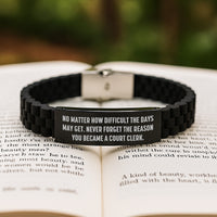 Load image into Gallery viewer, Court Clerk Gifts from Friends and Family - Inspirational Glide lock Clasp Bracelet for Men and Women, Adjustable Black Stainless Steel and Silicone, Christmas Unique Gifts - Image 2
