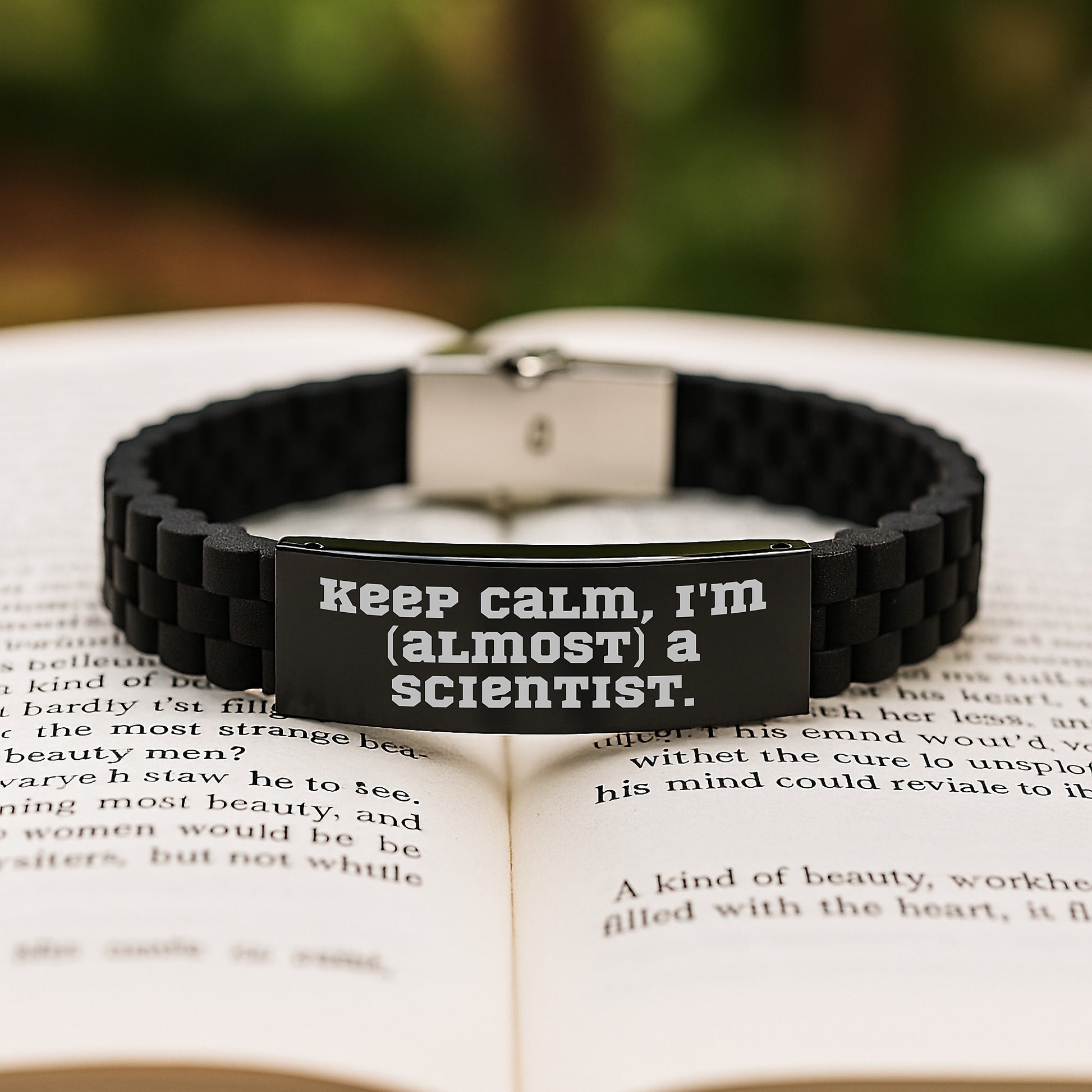 Funny Scientist Glide lock Clasp Bracelet Gift for Him - 'Keep Calm, I'm (almost) A Scientist.' - Image 2