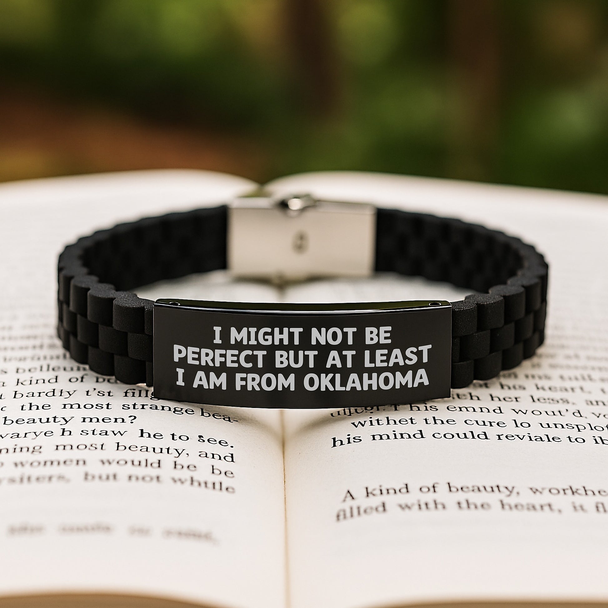 Oklahoma Proud Glide lock Clasp Black Stainless Steel Silicone Adjustable Gift for Friends from Oklahoma, 'I Might Not Be Perfect But At Least I Am From Oklahoma' Funny Quote for Men Women Graduation - Image 2