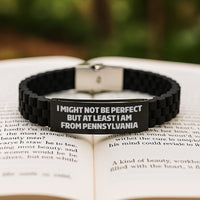 Load image into Gallery viewer, Pennsylvania Proud Gifts from Friends for Graduation - &#39;I Might Not Be Perfect But At Least I Am From Pennsylvania&#39; Funny Glide lock Clasp Black Stainless Steel Silicone Adjustable Bracelet - Image 2
