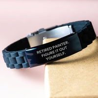 Load image into Gallery viewer, Painter Gifts from Friends, Funny Quote &#39;Retired Painter. Figure It Out Yourself.&#39; Glide lock Clasp Black Stainless Steel Silicone Adjustable Graduation Unique Gifts - Image 3
