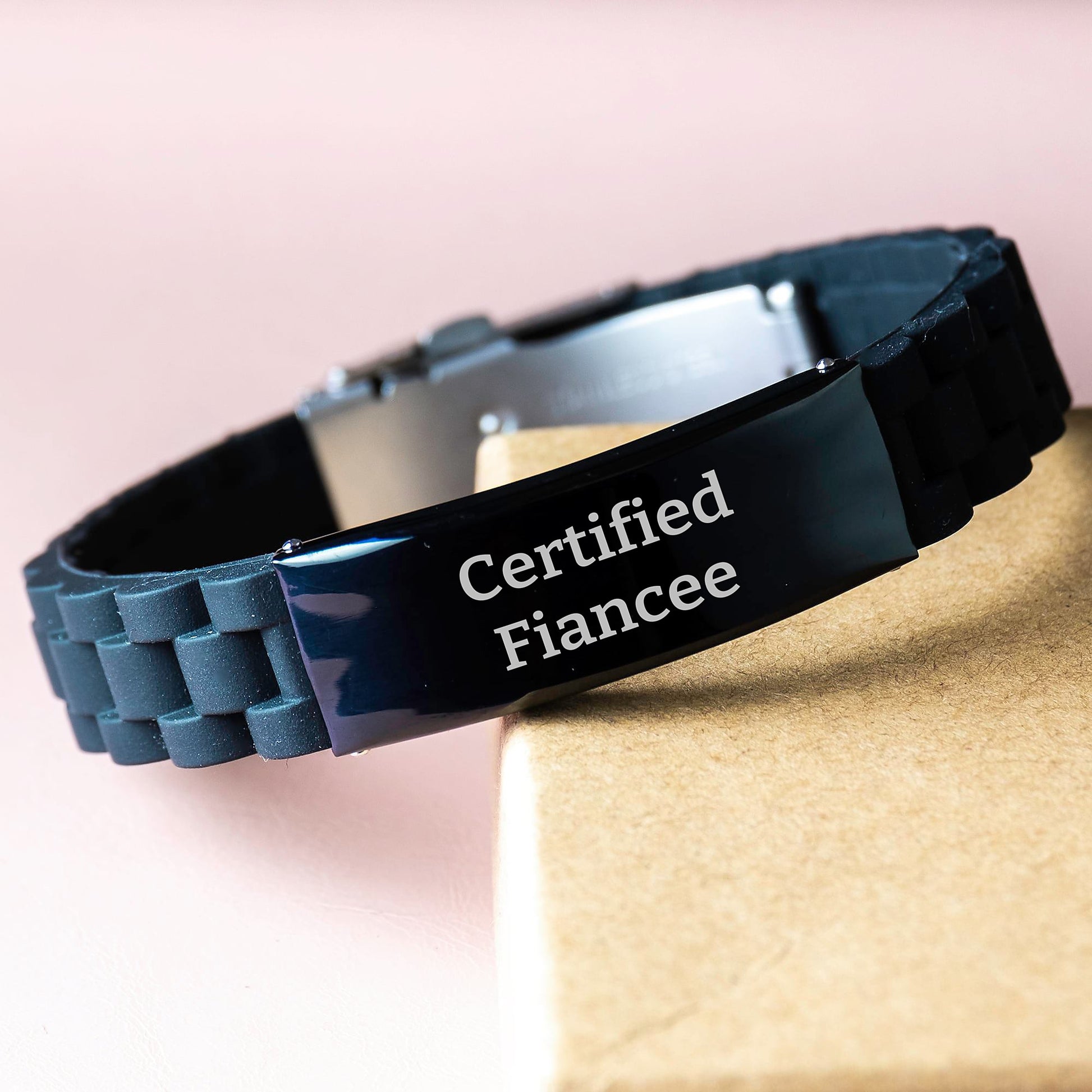 Funny Fiancee Gifts for Him or Her, Certified Fiancee Glide lock Clasp Bracelet Black Stainless Steel, Birthday Unique Gifts from Men to Women - Image 3