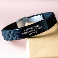 Load image into Gallery viewer, Funny Cosplaying Gifts from Friends to Cosplaying Men on Birthday - Glide lock Clasp Adjustable Black Stainless Steel Silicone Silver Bracelet, Quote: &#39;A Day Without Cosplaying Is Day Wasted&#39; - Image 3
