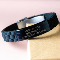 Load image into Gallery viewer, Comedic Concierge Gifts from Friends - Black Glide lock Clasp Bracelet for Women, Funny Quote on Graduation, Gifts from Women, Gifts for Concierge - Image 3
