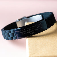 Load image into Gallery viewer, Insurance Sales Agent Funny Quote Gifts from Friends, Inspirational Gift for Insurance Sales Agent Graduation Unique Gifts, Glide lock Clasp Black Silver Stainless Steel Silicone Adjustable Bracelet - Image 3
