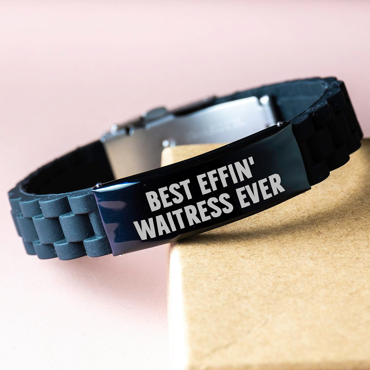 Funny Waitress Gifts from Friends and Family, Best Effin' Waitress Ever Christmas Unique Jewelry for Women, Silver Glide lock Clasp Bracelet - Image 3