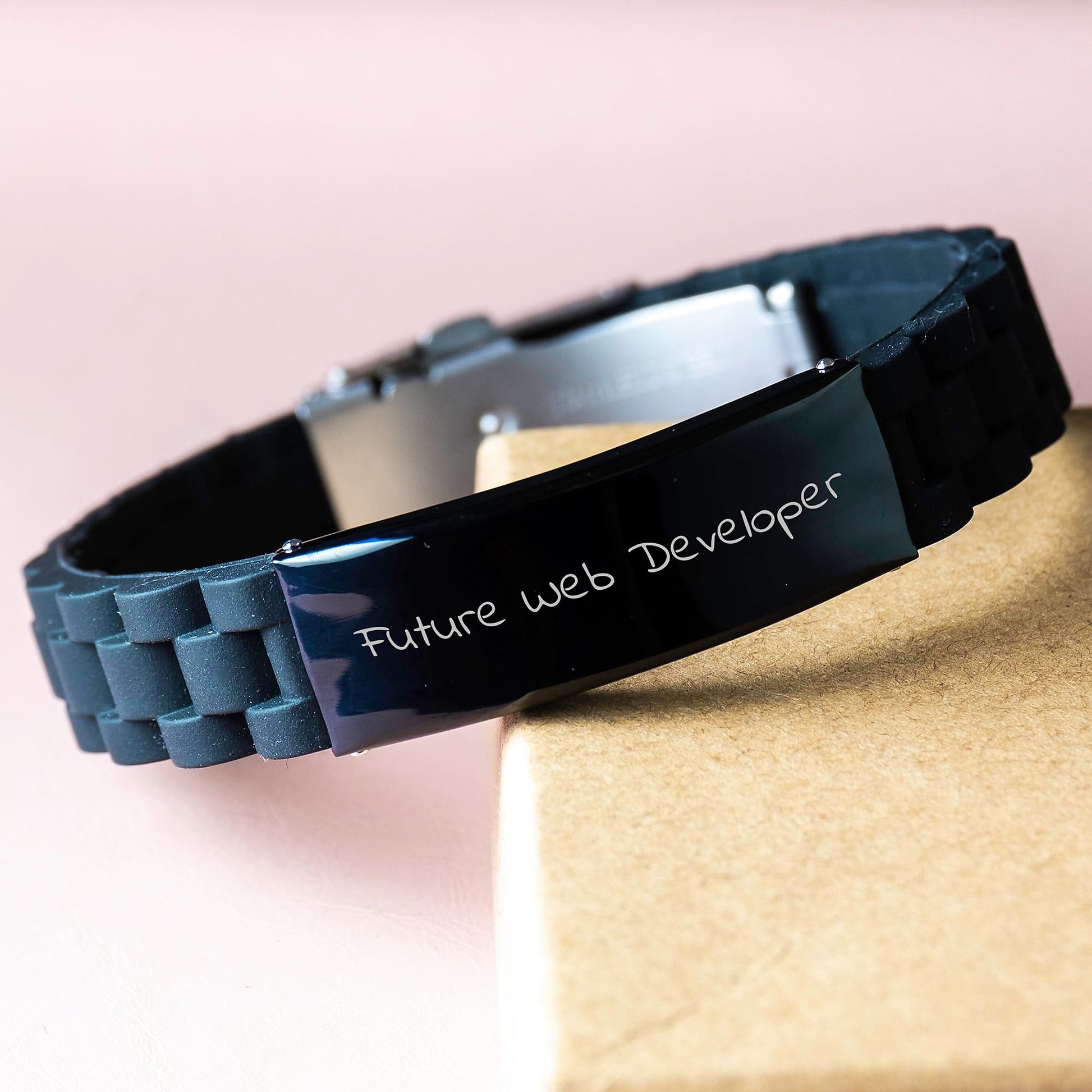 Funny Web Developer Gifts for Men - Future Web Developer Glide lock Clasp Bracelet, Black Stainless Steel and Silicone, Adjustable, Graduation Unique Gifts from Friends or Family - Image 3